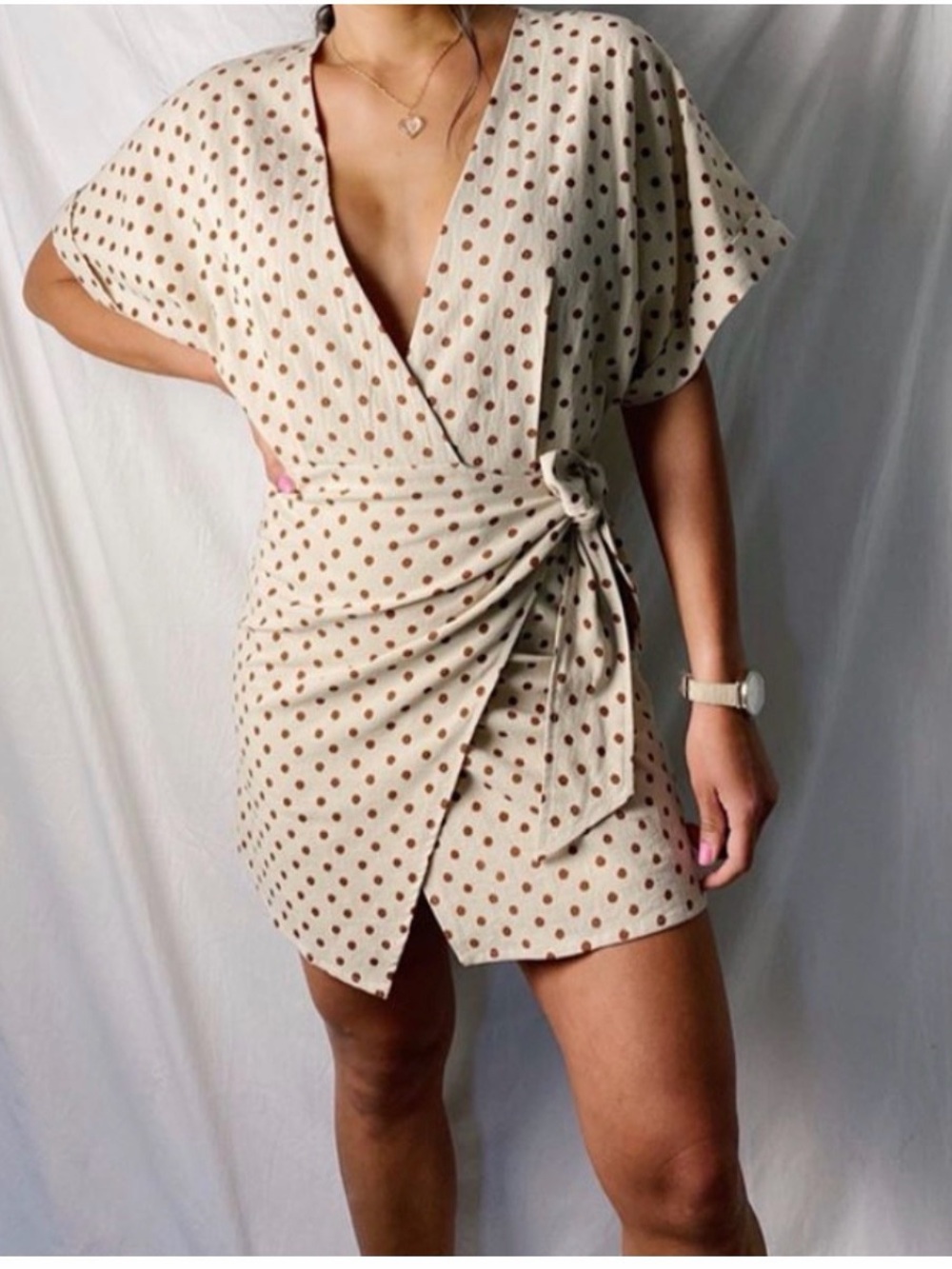 Cozy Casual Beige Polka Dot Mini Dress